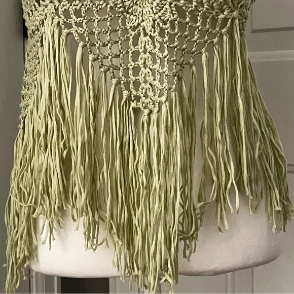 Y2K 34”‎ Bust Green Granny Crochet Fringe Strappy Crop Top Boho Festival Hippie - Picture 8 of 11